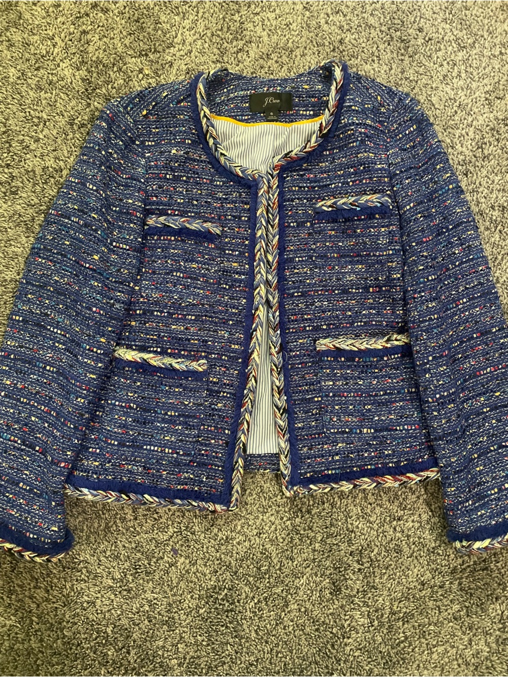 J. Crew Blue Tweed Braided-Trim Blazer
